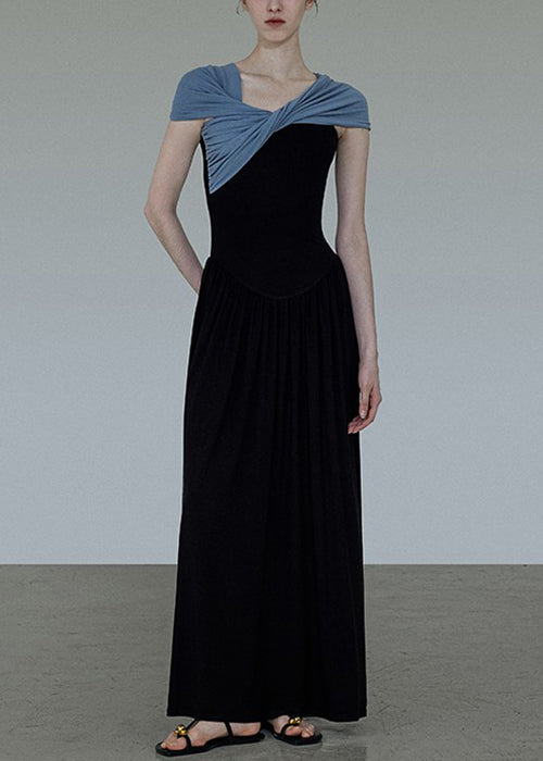 Original Black Wrinkled Long Patchwork Cotton Dress Neck Slash