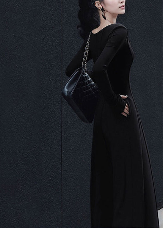 Black V Simple New Long Cotton Slim Dress Neck Fit Spring