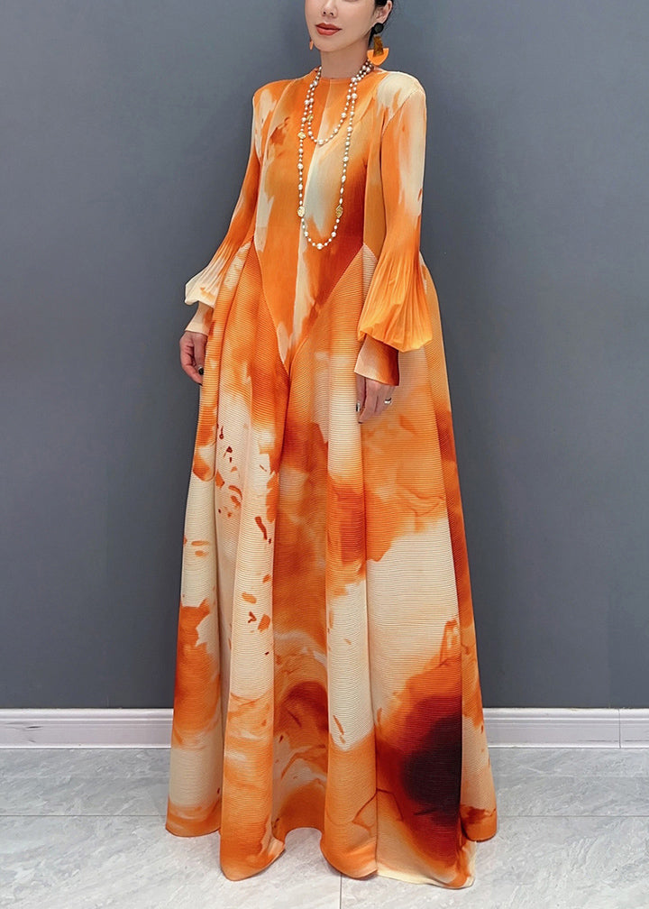 Dress Long Spring Chiffon Orange Collar Chic Wrinkled Stand