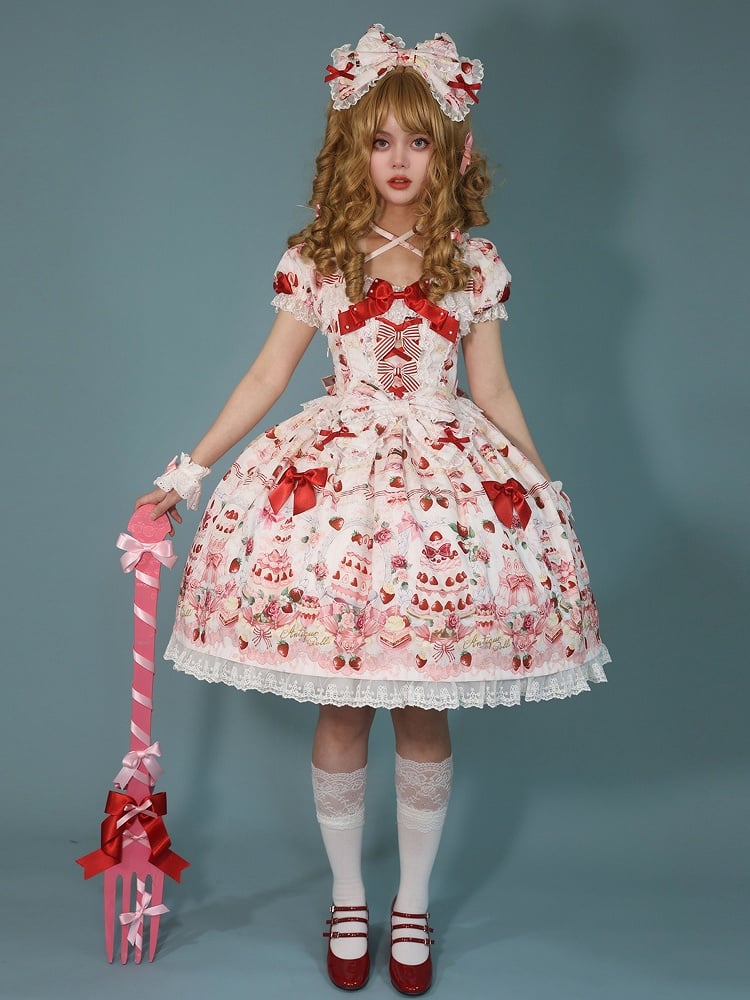 / White Lolita Print Accents Strawberry Bow Sweet Full Dress Cake Set