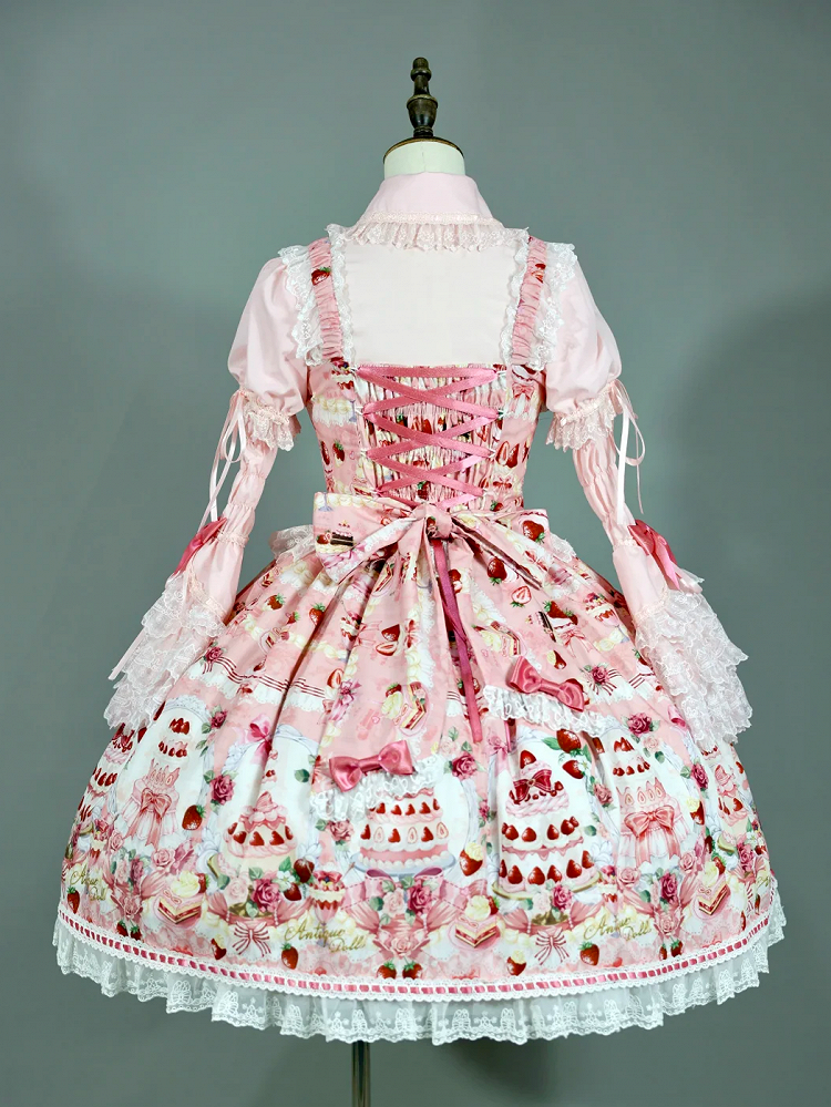 JSK Sweet Lolita Pink Desserts Set / Print and Full Bow Strawberry Accents