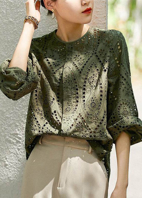Women Neck Sleeve Hollow Out Light Long Blouses Khaki O Cotton