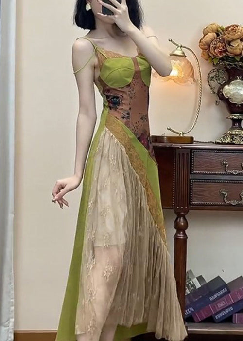 Spaghetti Sleeveless Strap Green Dress Patchwork Lace New