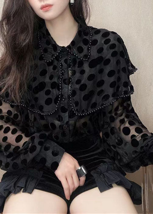 Black Unique Pan Patchwork Nail Peter Velour Collar Blouses Bead