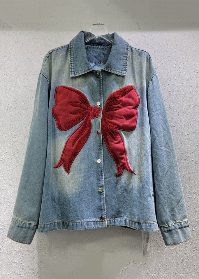 Button New Pan Denim Blue Bow Collar Coat Peter Spring