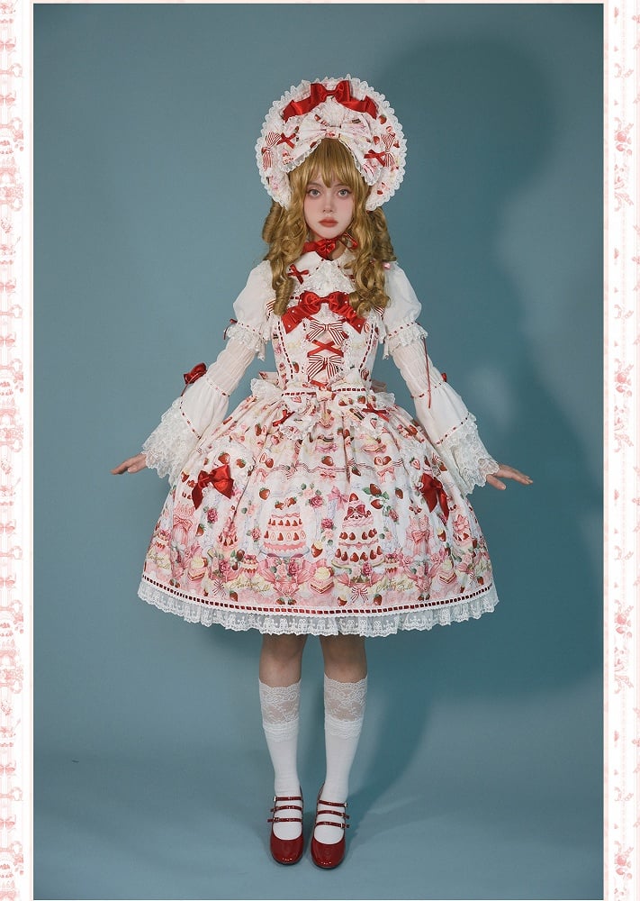 Desserts Accents Strawberry JSK and / Print Sweet Bow Lolita Full White Set
