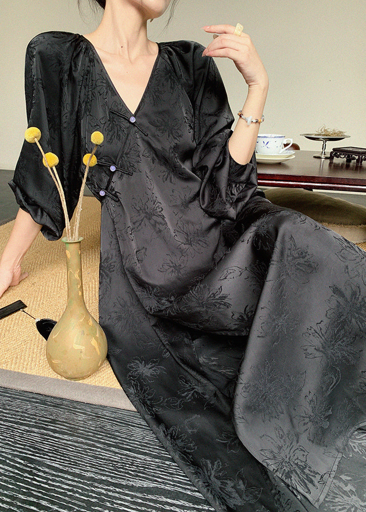 Oriental V Neck Beige Long Button Jacquard Spring Silk Dress New