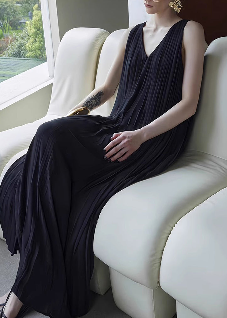 Summer Wrinkled Dresses V Neck Pockets Long Chiffon Black