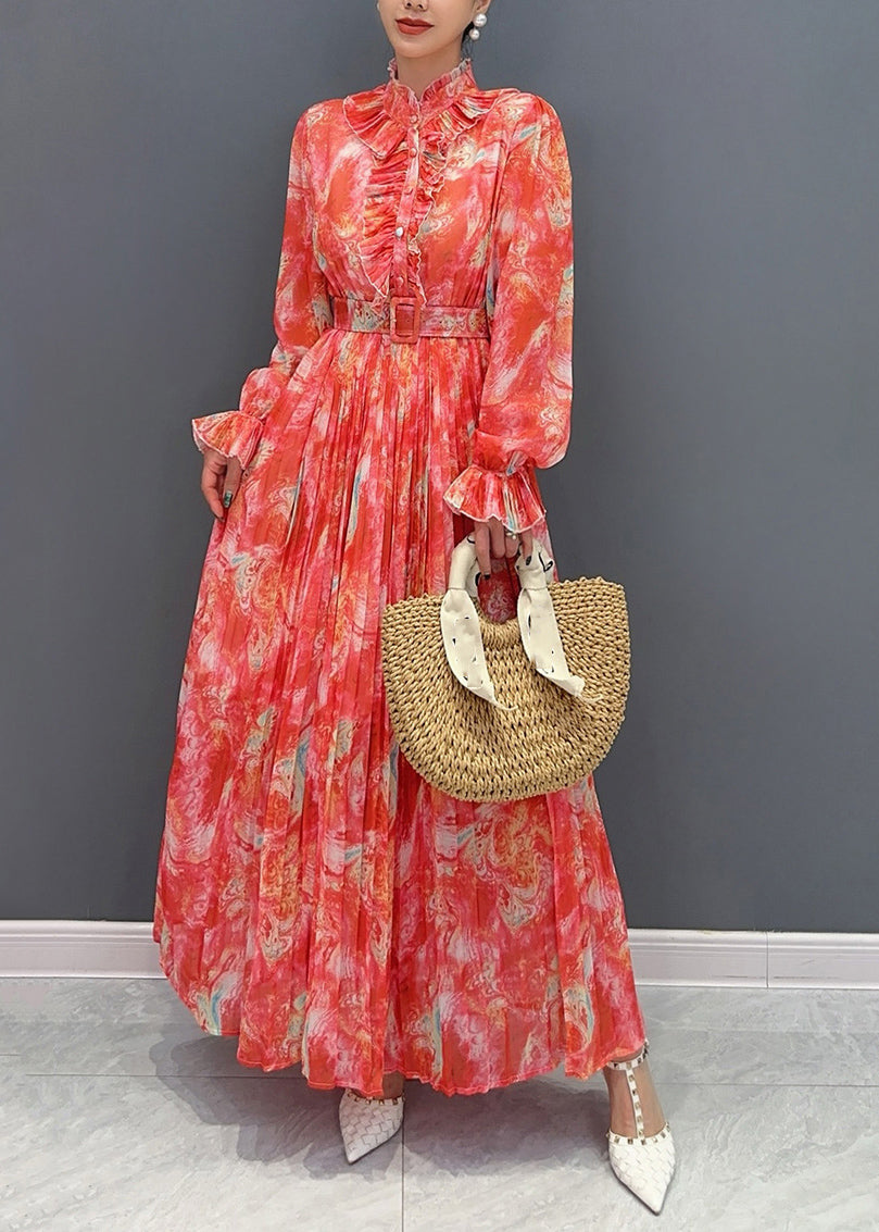 Long Chiffon Sashes Print Red Stand Collar Fashion Dress