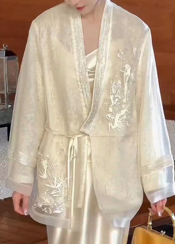 Beige Silk Up Embroidered Vintage Cardigan V Lace Neck Spring