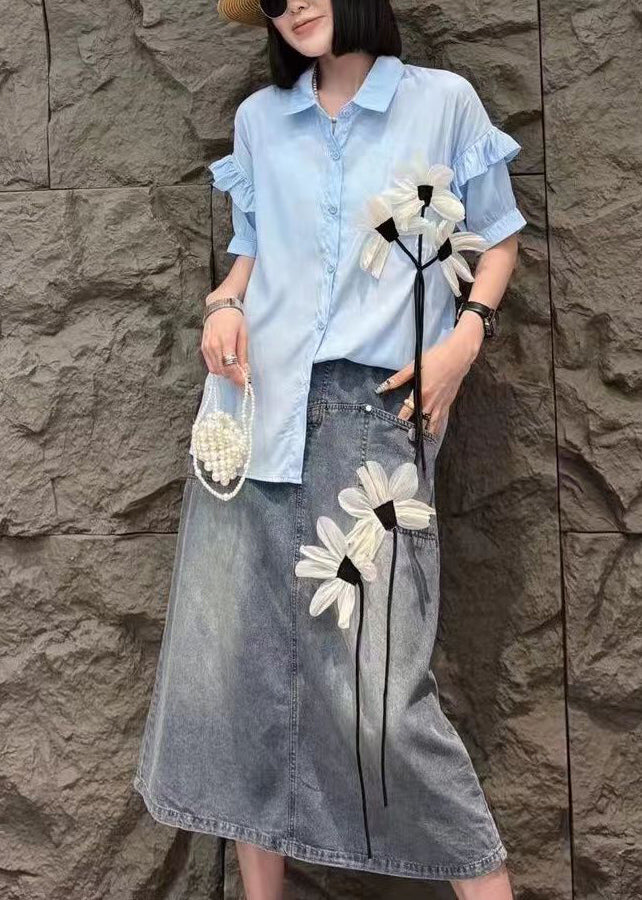 Modern White Peter Pan Collar Floral Shirts And Denim Skirts Two Pieces Set Short Sleeve AN1005