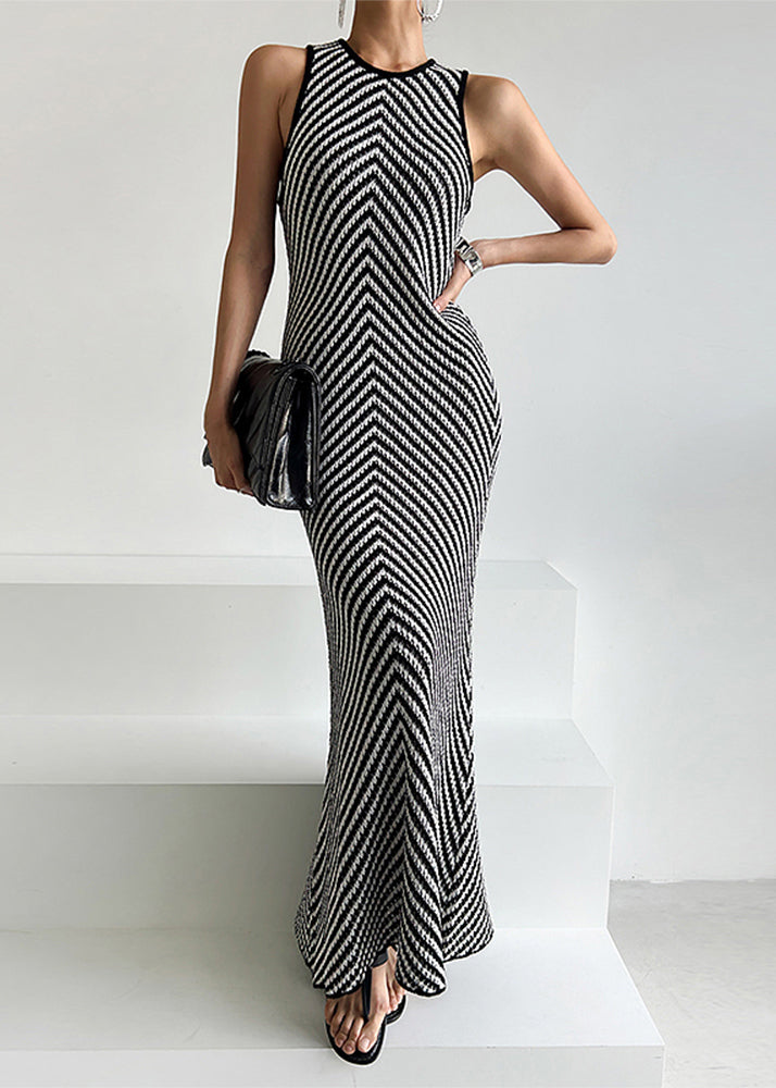 Ankle Striped Black Silm Sleeveless Fit Knit Dress