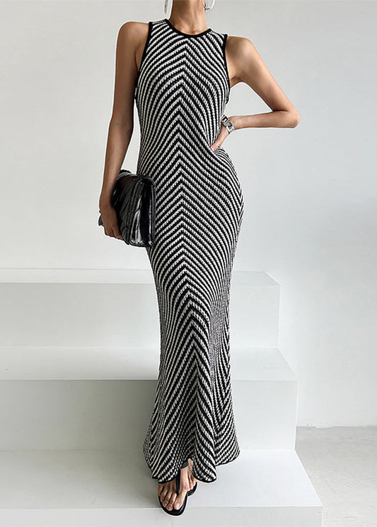 Ankle Striped Black Silm Sleeveless Fit Knit Dress