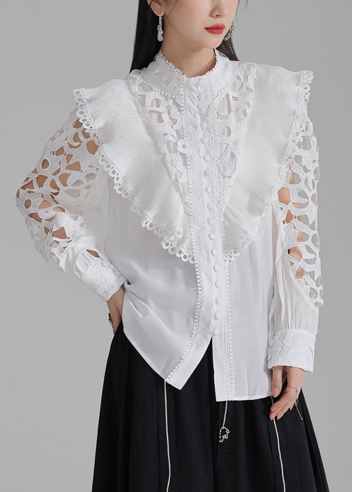 Button Shirts Stylish Cotton Out Spring White Hollow