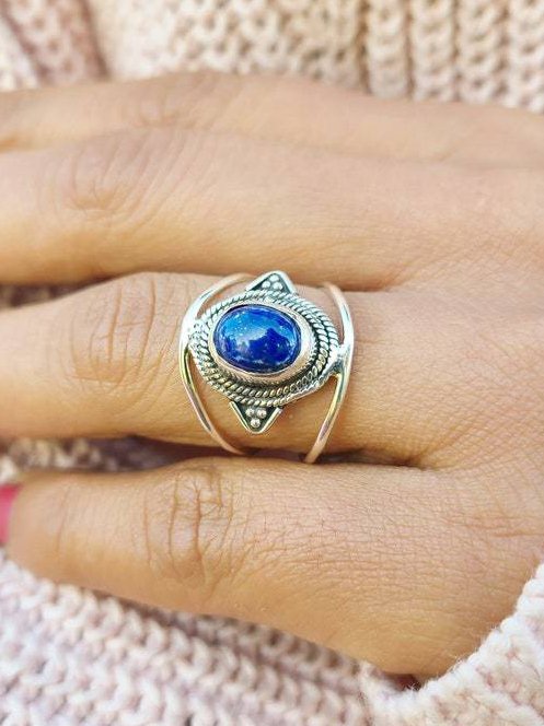 Bague en métal argenté et lapis-lazuli naturel vintage pour femme, bijoux ethniques décontractés cc16