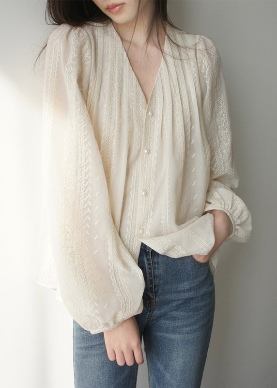 Apricot Chiffon Shirt Embroidered Art Sleeve Lantern