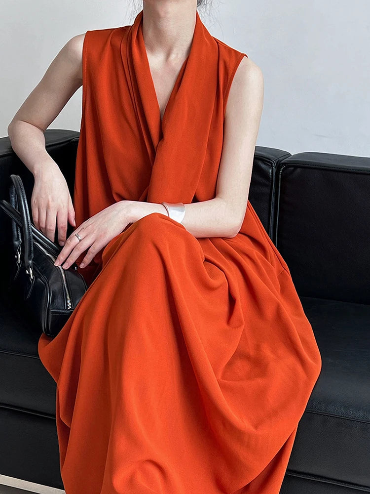Elegant Sleeveless Midi Draped with Dress Pockets
