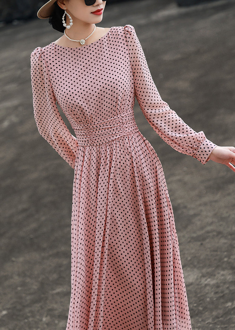 O Sleeve Fit Dot Long Chiffon Pink Neck Dresses Slim