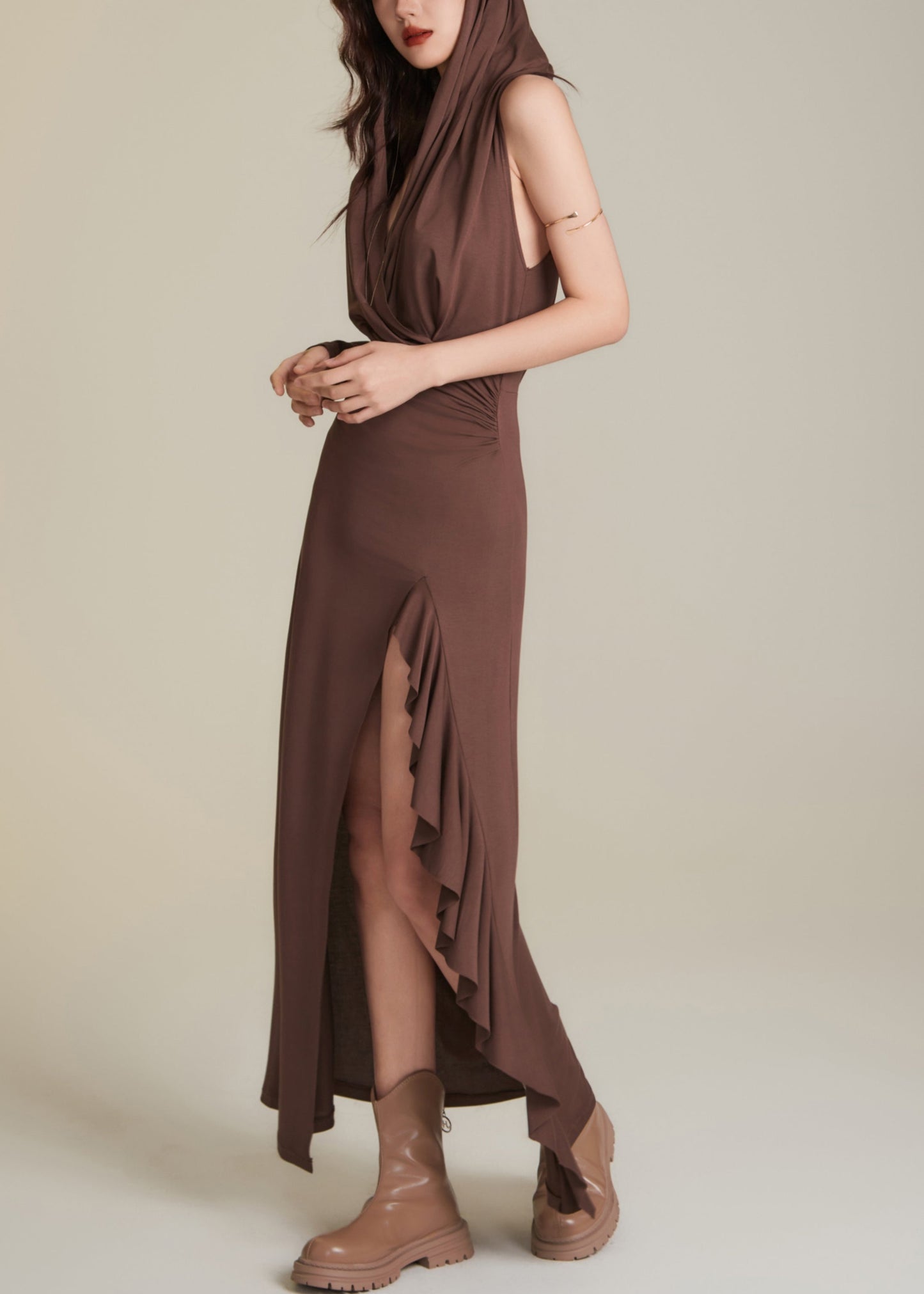 Sexy Chocolate Wrinkled Patchwork Holiday Hoode Long Dress Sleeveless AJ1015