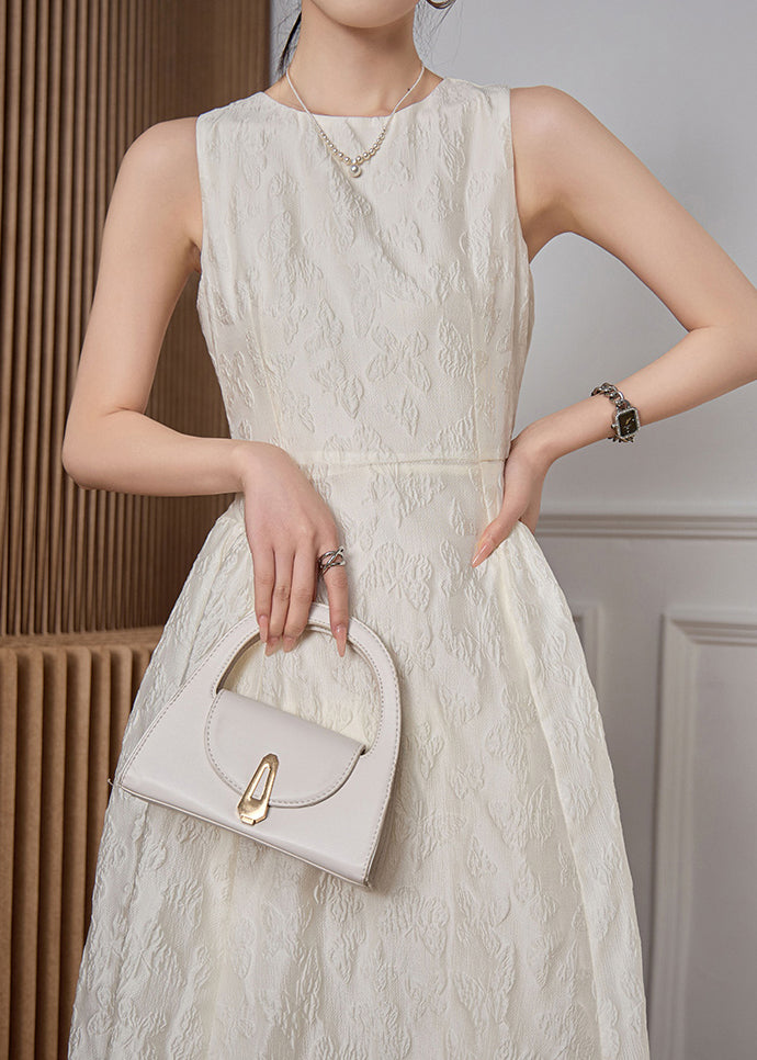 White O-Neck Dresses Cotton Long Waist High Jacquard Sleeveless