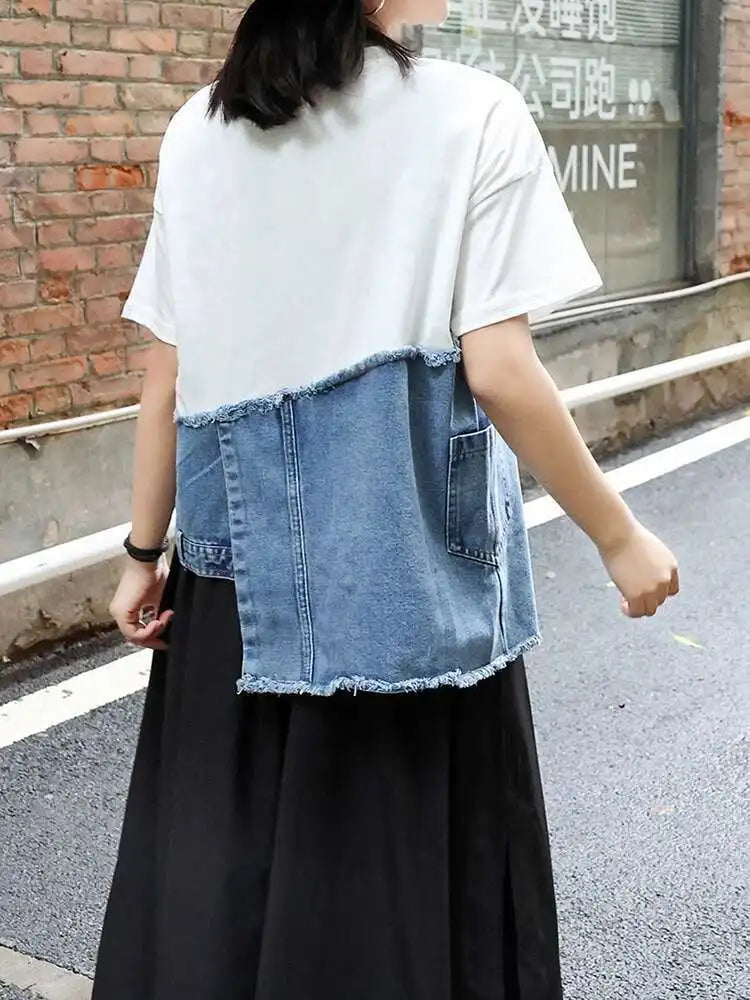 Short Street Sleeve O-neck Denim Patchwork White Hem T-Shirt