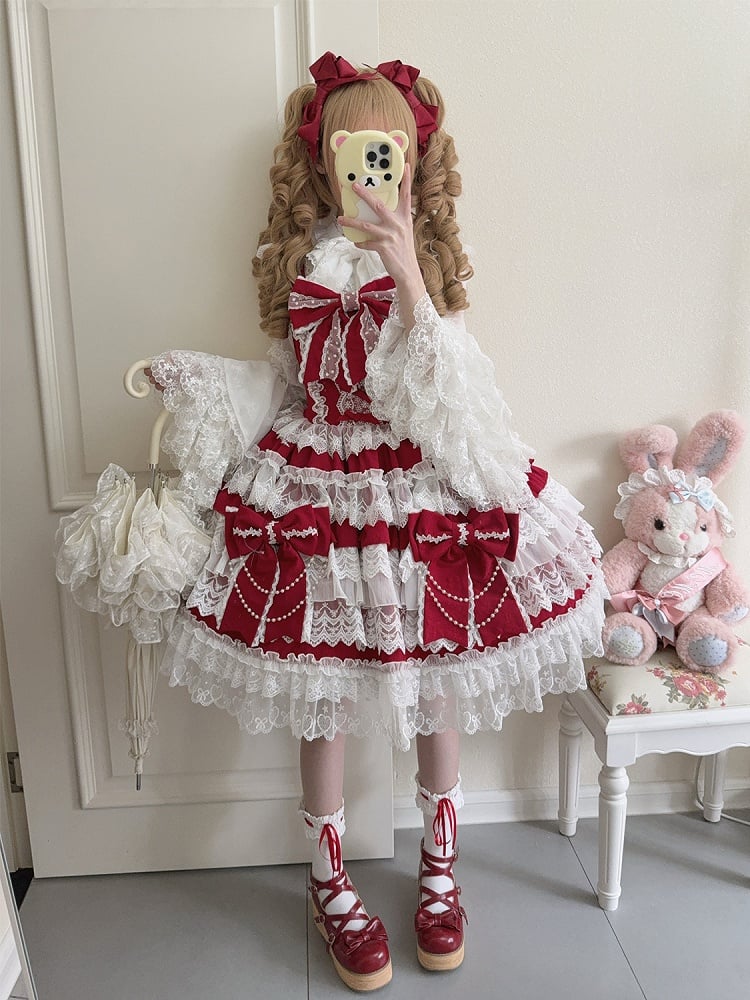 Lolita Red Bows Dress Tiered Skirt Decoration Big Hanayome