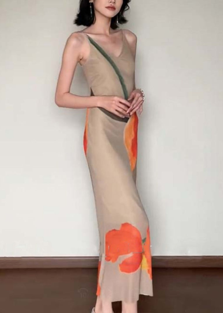 Slim Fit V Neck Print Cotton Long Dress Sleeveless EE017