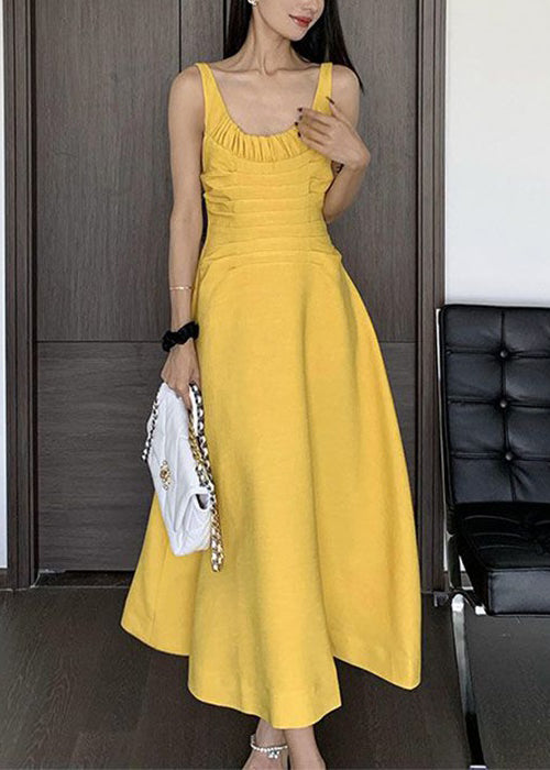 Women Yellow Wrinkled Solid Cotton Spaghetti Strap Dress Sleeveless