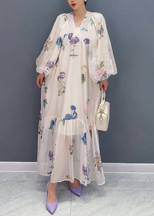 Bohemian White Print Chiffon Long Dresses Lantern Sleeve AR1027