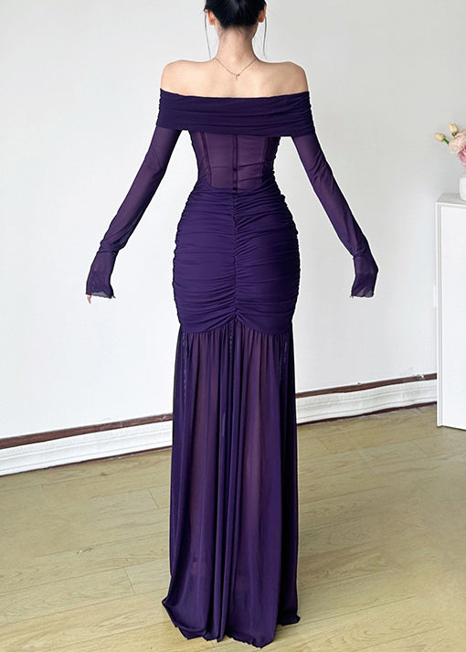 Maxi Neck Slash Stylish Wrinkled Spring Tulle Purple Dresses