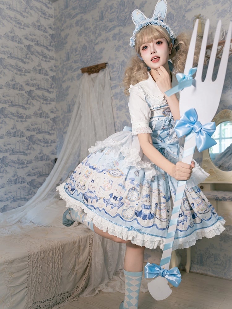 and Blue Bunny Clock Lolita Dress Print Sweet Alice