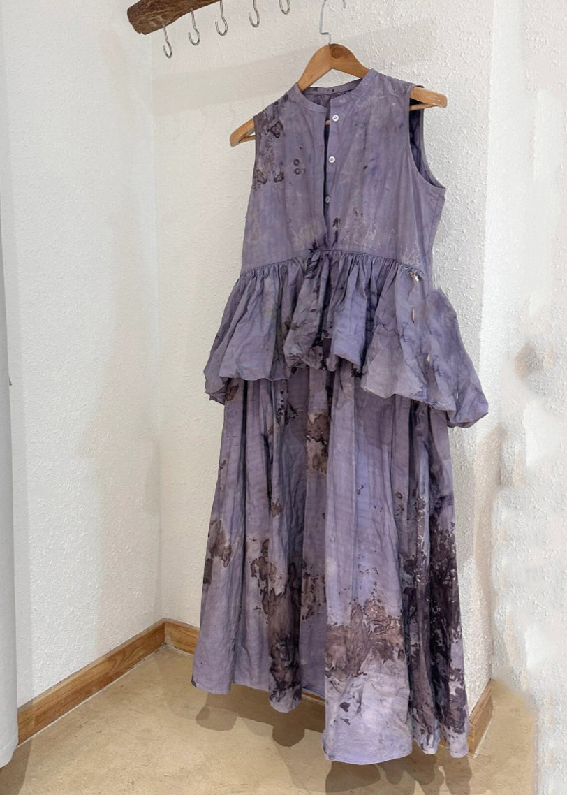 Chic Purple O-Neck Ruffled Patchwork Wrinkled Maxi Dresses Summer TT1028