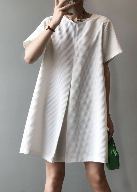 Robe mi-longue blanche simple en coton à col rond pour l'été AF1063 