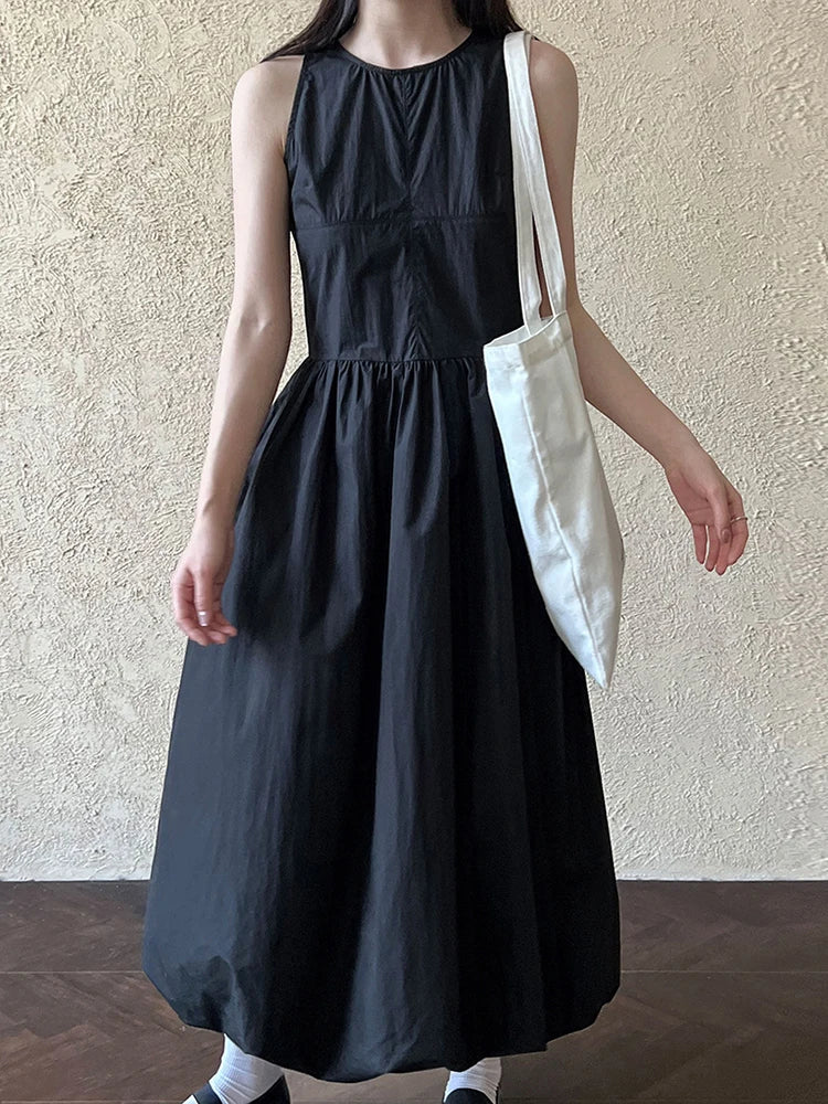 Simple Blue Puff Patchwork Dress Sleeveless O-neck Hem