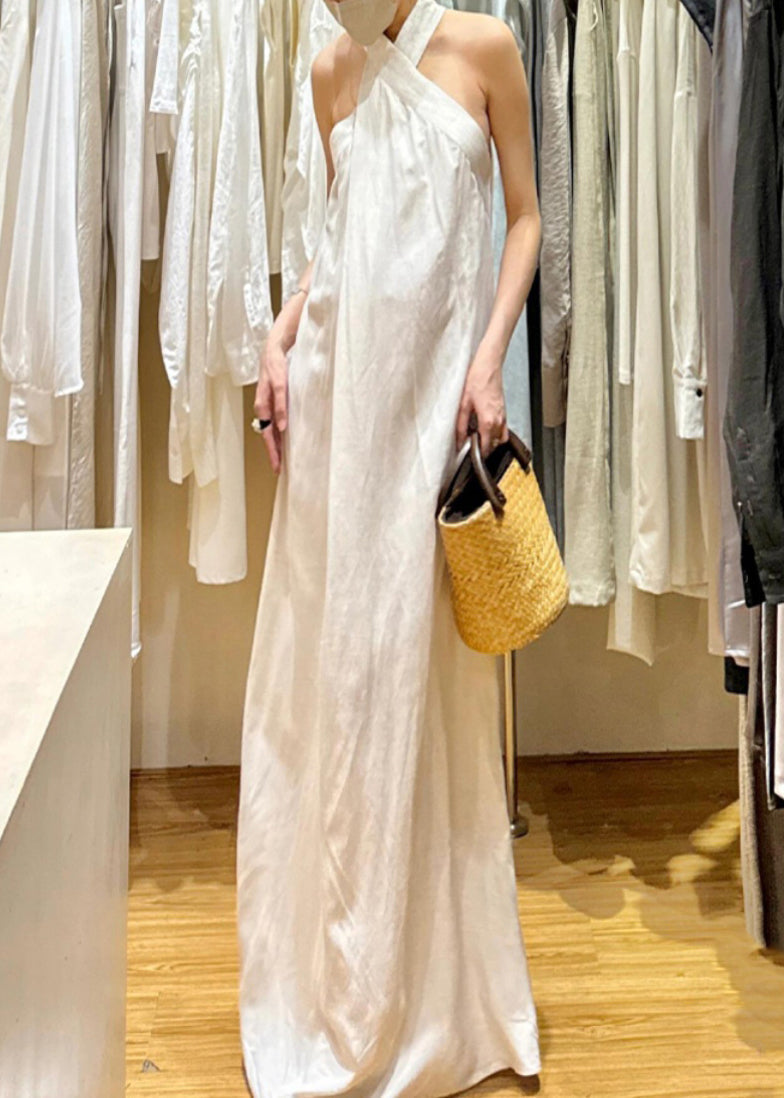 New White Cold Shoulder Solid Cotton Maxi Dresses Sleeveless EE011