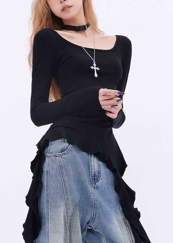 Asymmetrical Spring Shoulder One Black Cotton French Tops