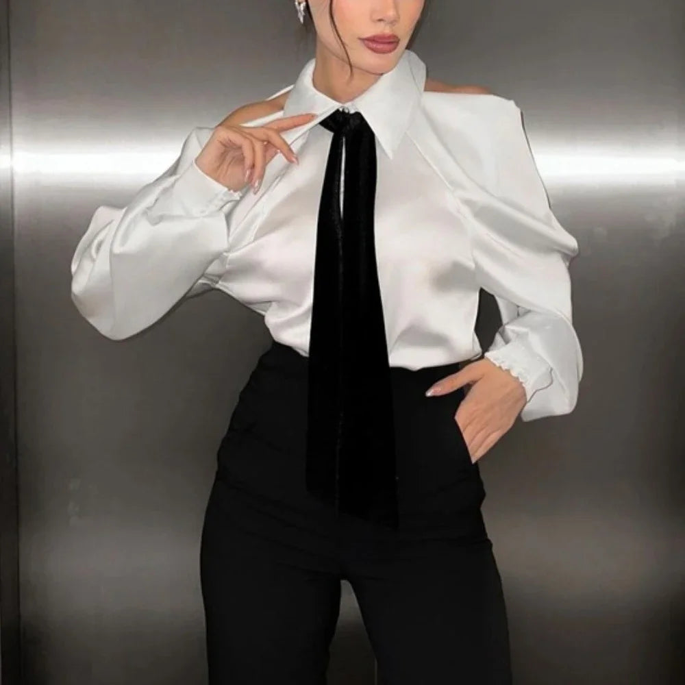 Sleeve Shoulder Satin Off Lapel Tie Party with White Top Long