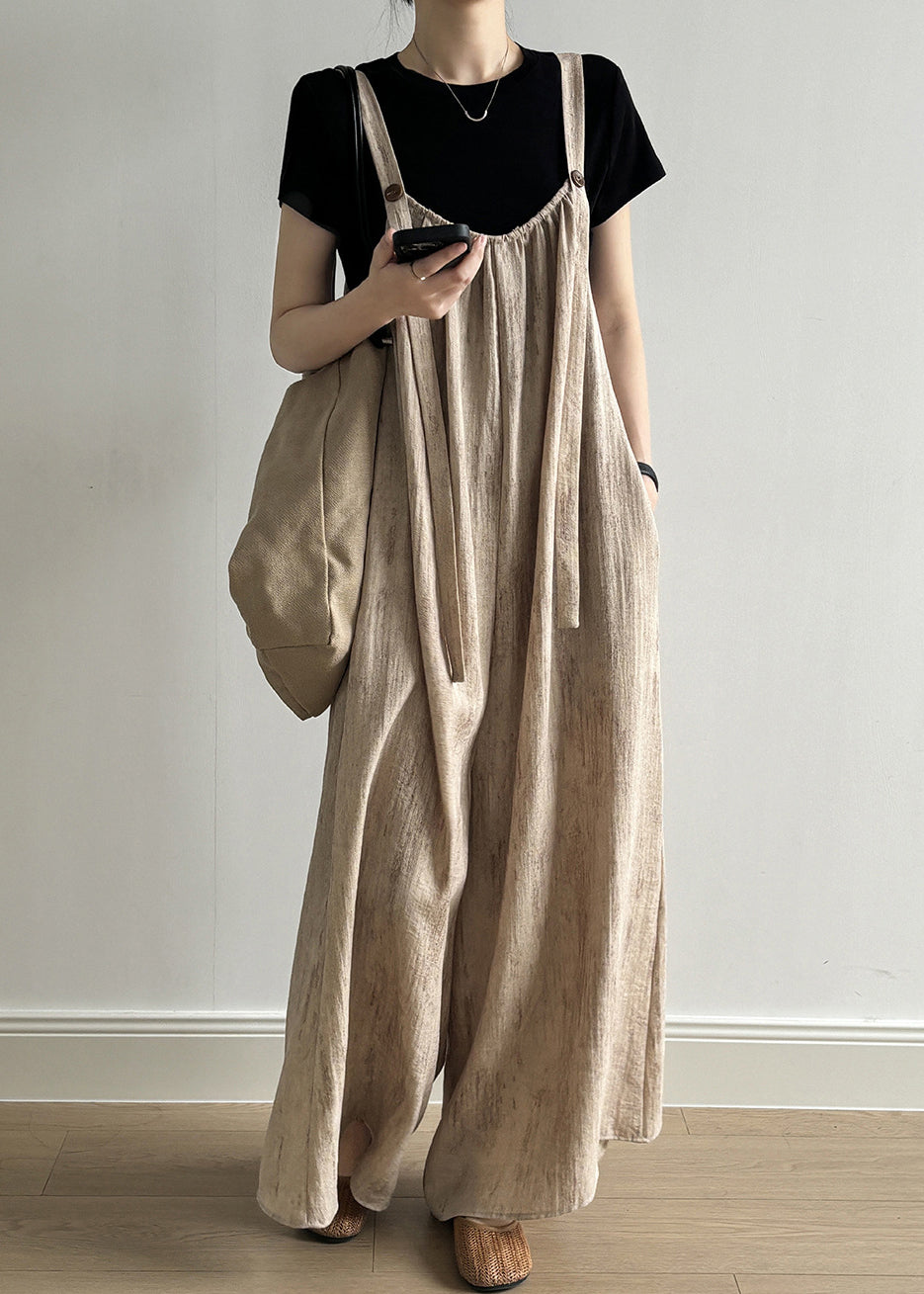 Linen Sleeveless Women Pockets Jumpsuit Button