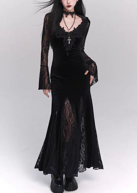 Black Silk Lace Velvet Hollow Bohemian Dresses Out Patchwork Maxi