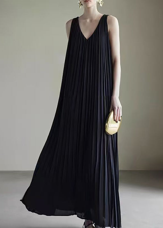 Summer Wrinkled Dresses V Neck Pockets Long Chiffon Black