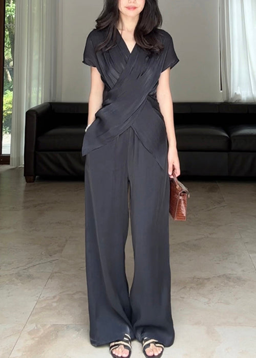 Loose Black Asymmetrical Wrinkled Silk Two Pieces Set Summer EE025