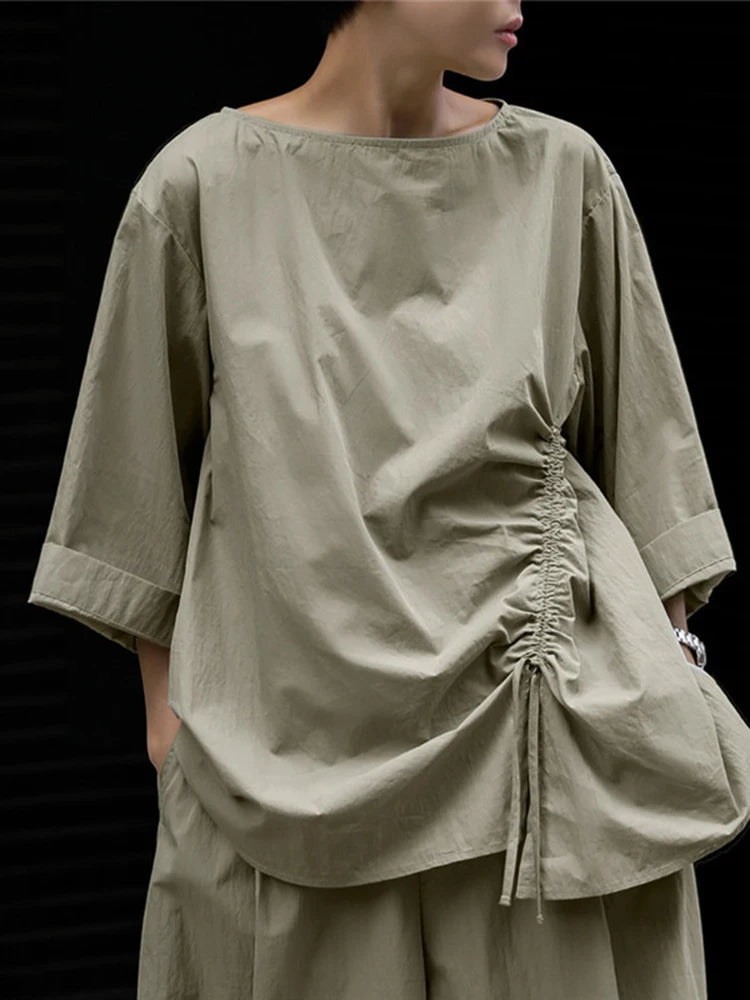 Cotton Asymmetrical Casual Sleeve Half Khaki Drawstring Top