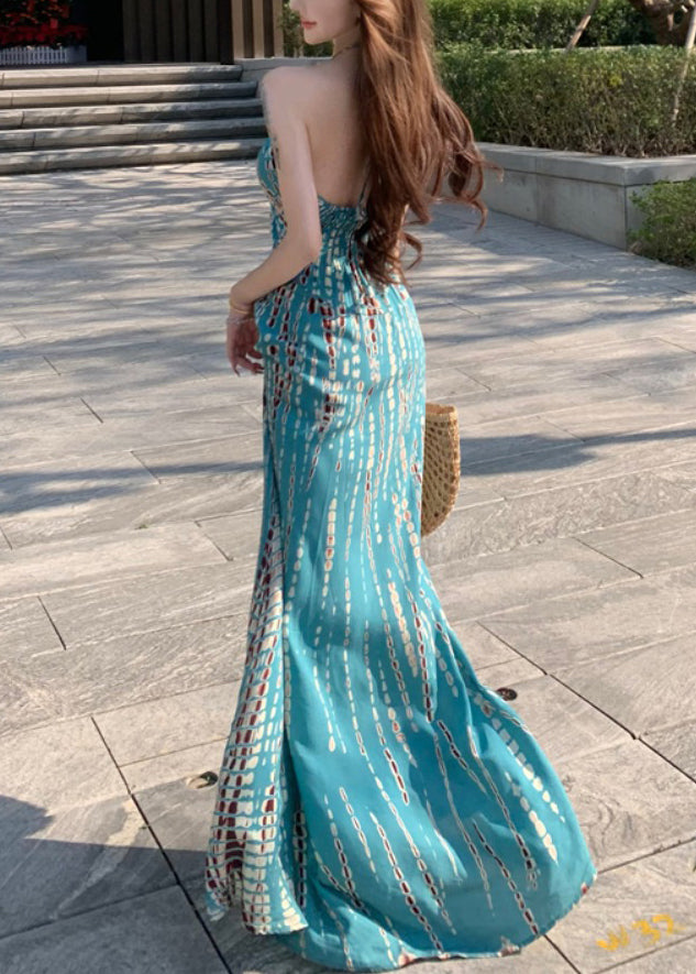 Print Stylish Backless Cotton Vacation Dress Sleeveless Blue