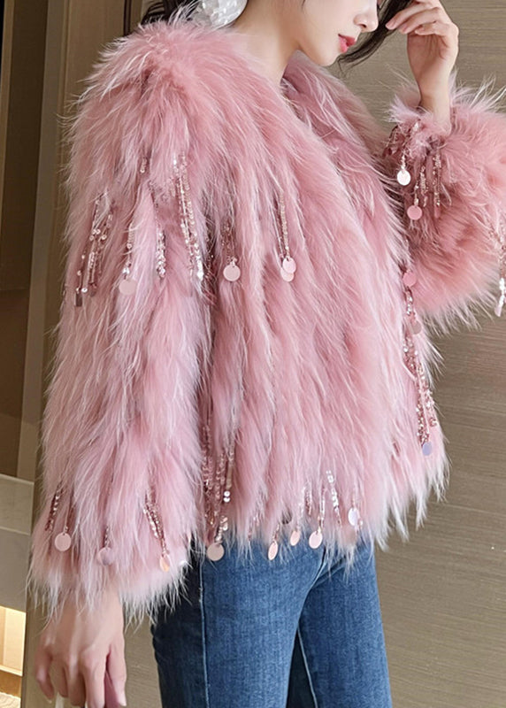 Cute Pink O-Neck Tassel Leather And Fur Coats Winter WV032