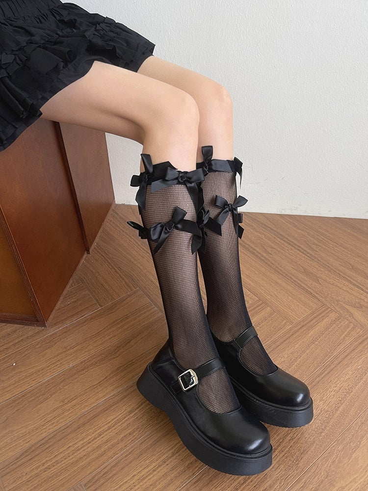 Bowknot Underknee White/Black Stockings Semi-sheer Details