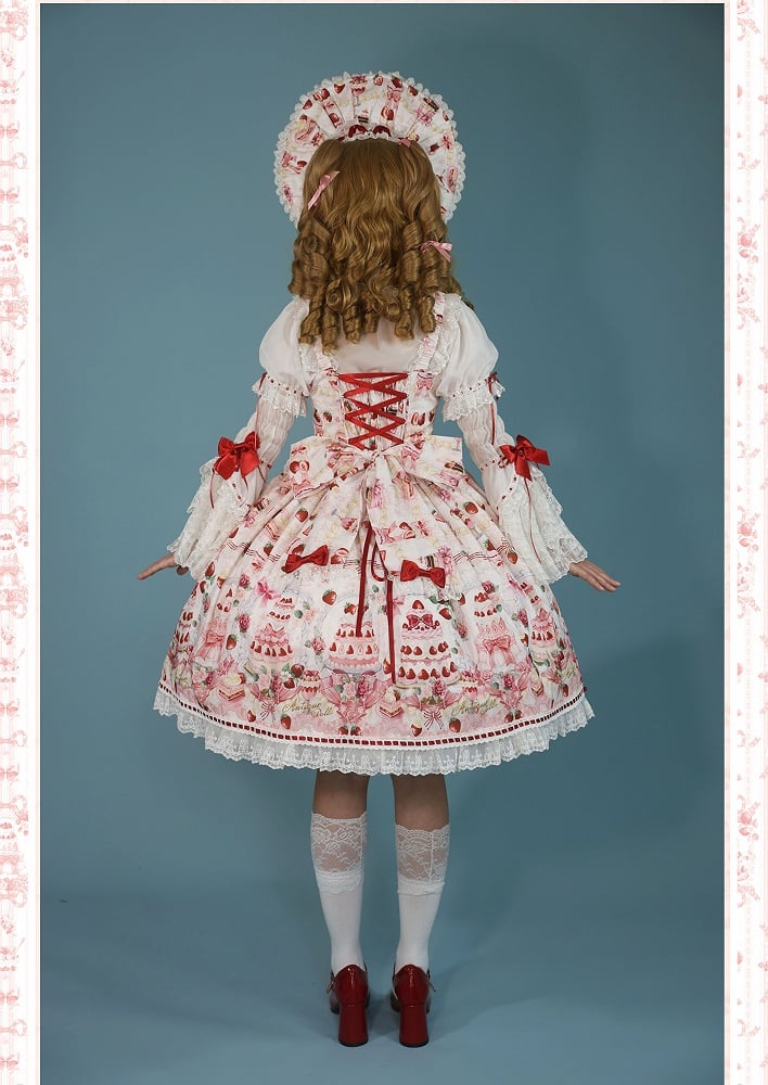 Desserts Accents Strawberry JSK and / Print Sweet Bow Lolita Full White Set