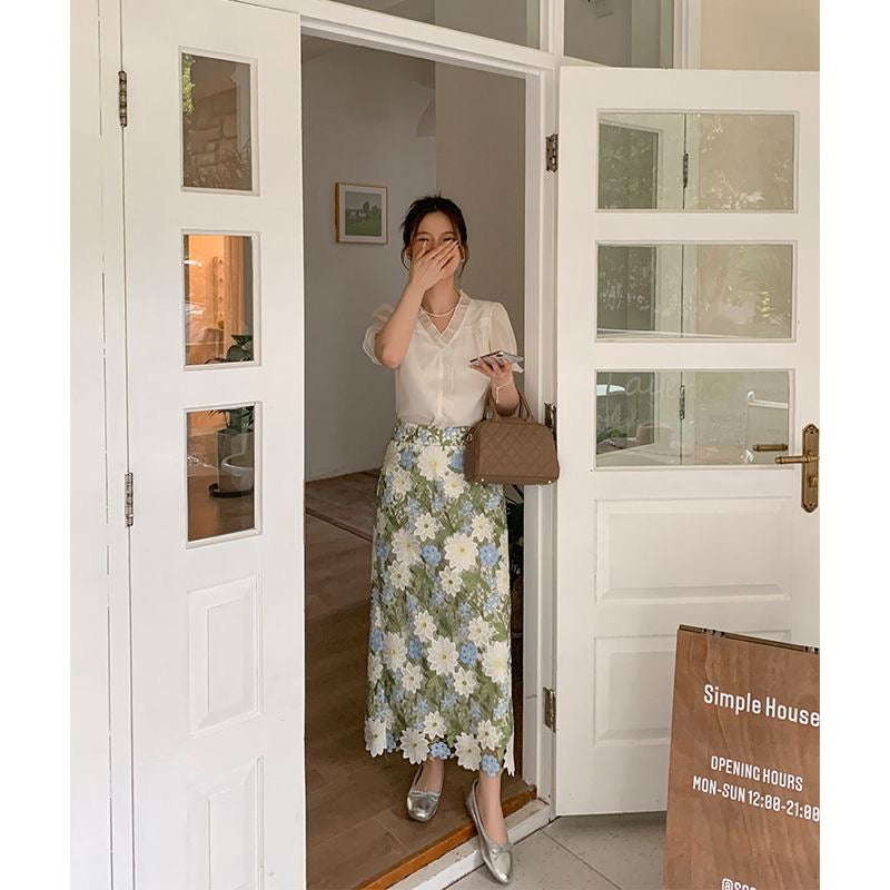 Floral Green Straight Skirt Embroidery Elegant