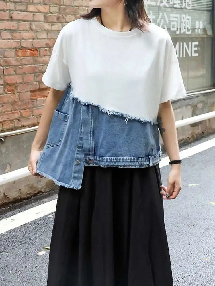 Short Street Sleeve O-neck Denim Patchwork White Hem T-Shirt