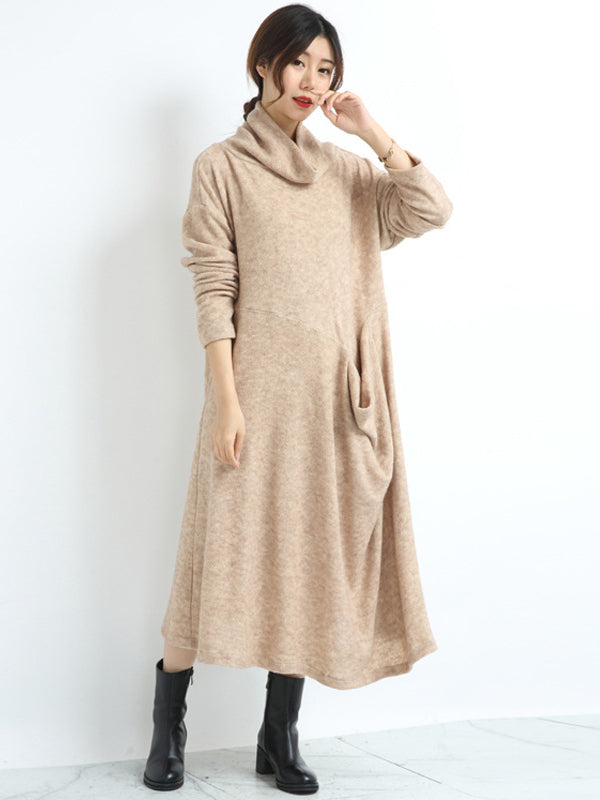 Casual Loose Cream Heaps Collar Pockets Long Sleeve Knit Dress AN1074