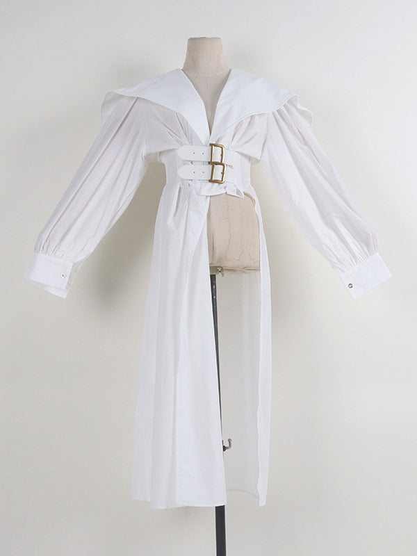 High Belted Pleated Lapel Long Black Asymmetric Waisted Modern